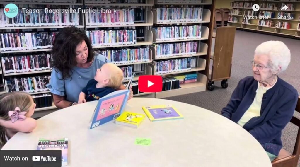 YouTube thumbnail for the teaser video of My Alabama Library's issue on the Rogersville Public Library. It shows a family reading together in the library.