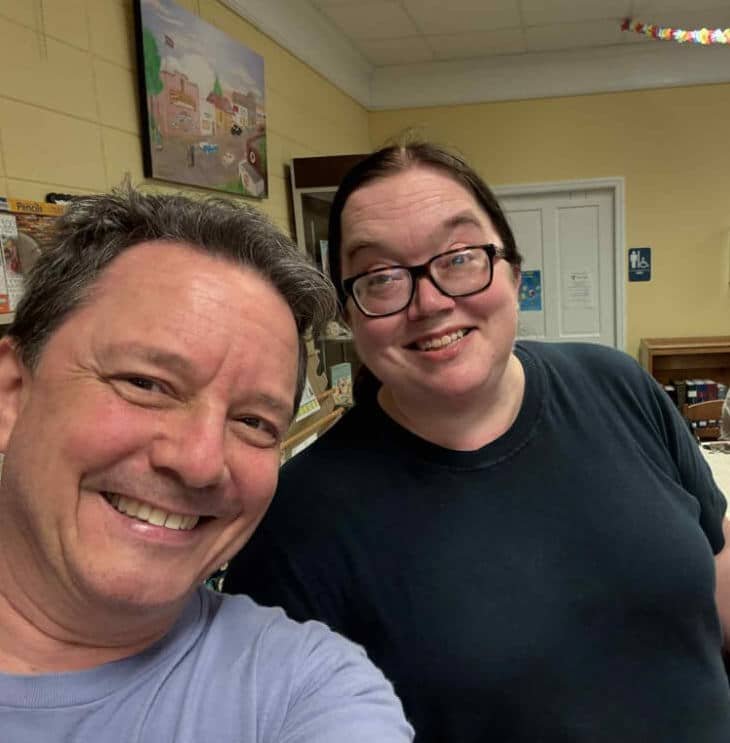 Collage artist Michael Albert with Rogersville Public Library director Kimberly Corbett