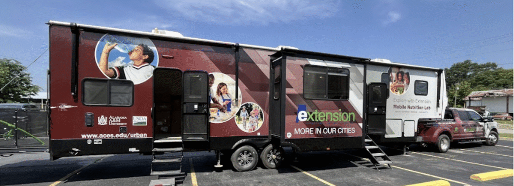 A large trailer from the Alabama A&M and the Alabama Cooperative Extension System. The trailer is brought to the Town Creek Public Library each summer and is full of educations activities for children.
